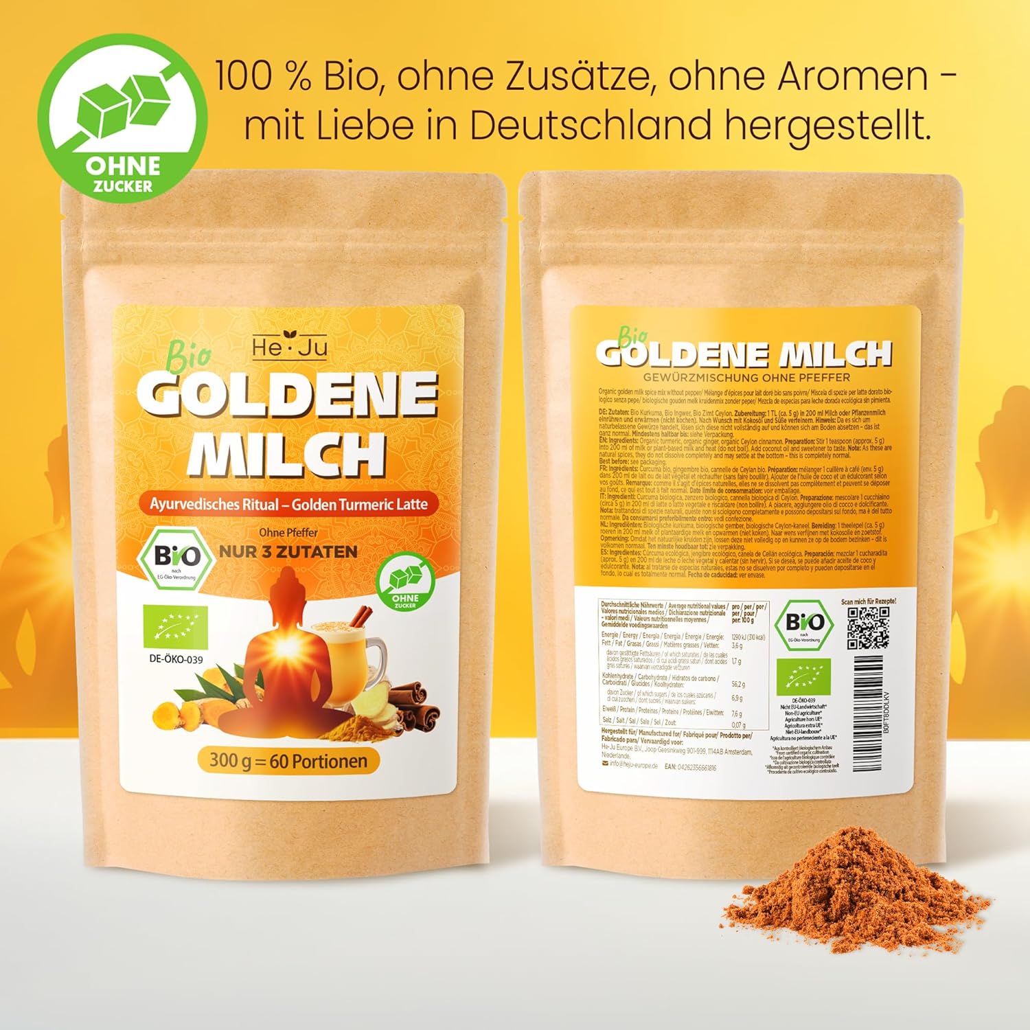 Thumbnail 2 de He-Ju Bio Goldene Milch Pur 300 g (60 Portionen) – Kurkuma, Ingwer & Ceylon Zimt, ohne Pfeffer und ohne Zucker