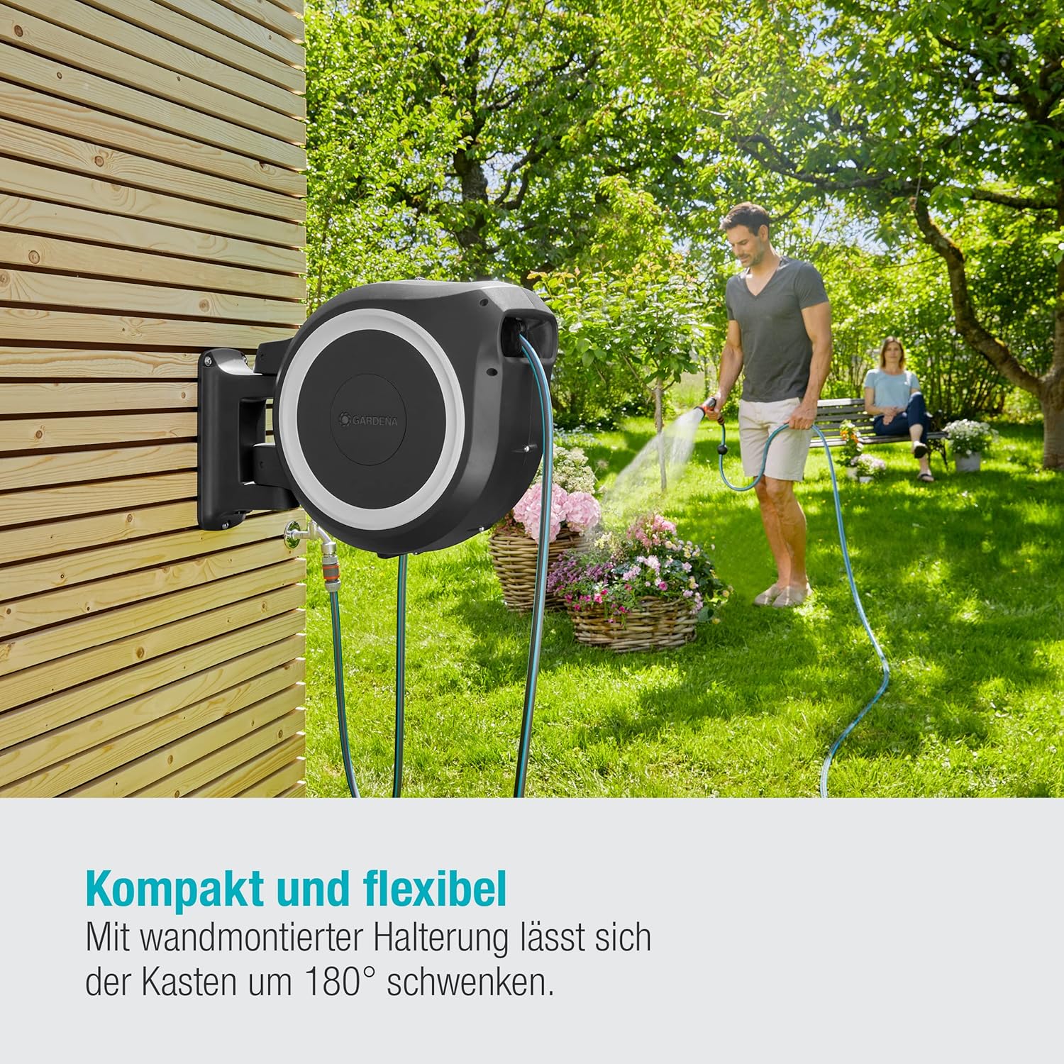 Detalle 2 de Gardena Wand-Schlauchbox Rollup XL (weiß) – Flexible Bewässerung für große Gärten, schwenkbar, inkl. Qualitätsschlauch