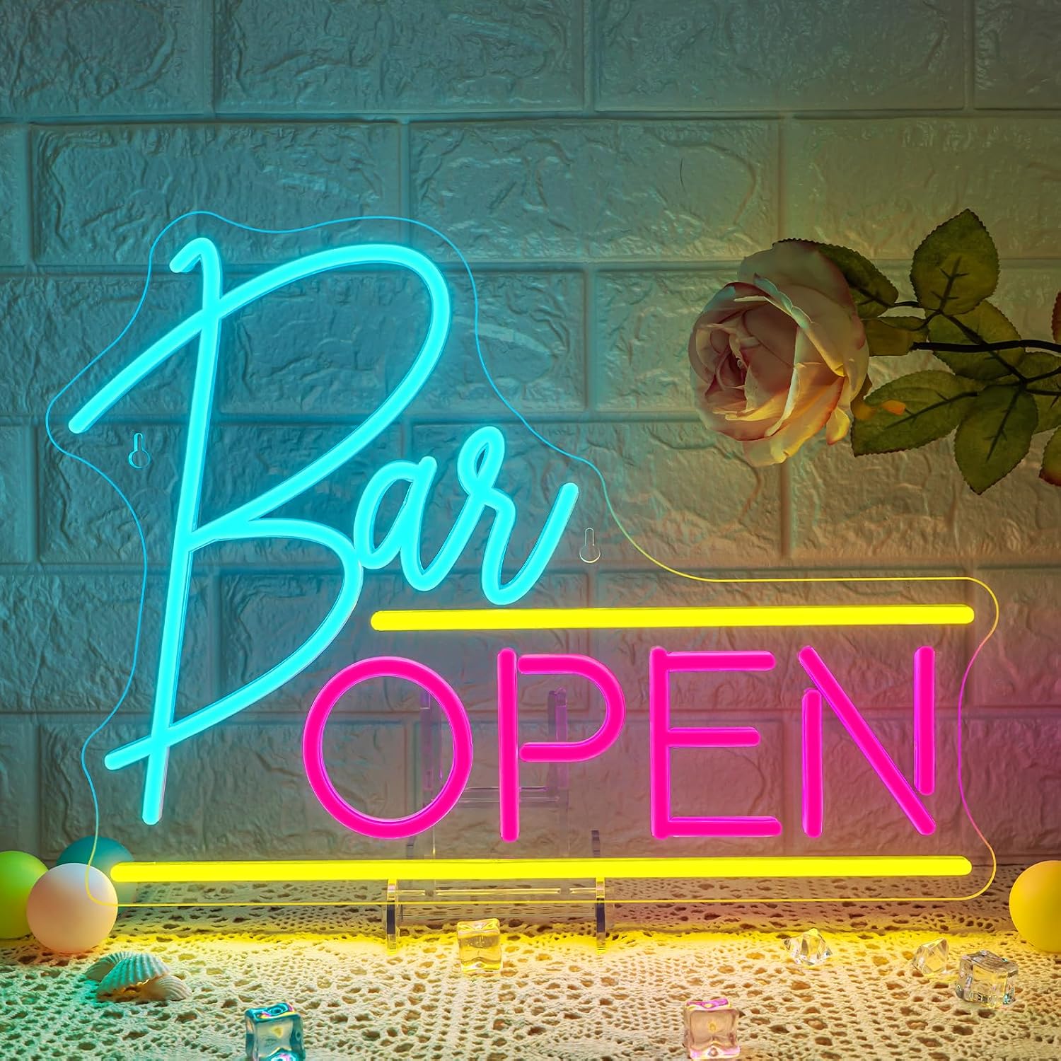 Detalle de ineonlife Open Neon Schild Rosa Blau – LED Neonlicht für Bars, Salons, Shops und mehr