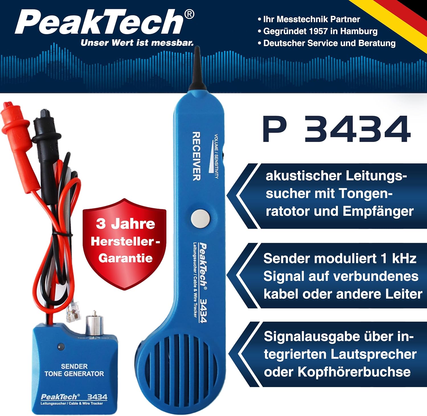 Thumbnail 1 de PeakTech P 3434 Leitungssuchgerät für Leitungen & Telefonkabel – Durchgangsprüfer, Tonsignal, RJ11/Krokoklemmen, 3 Jahre Garantie