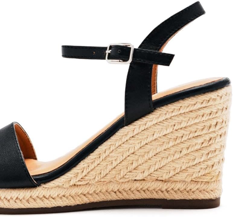 Detalle 2 de Sandales en cuir noir à talon compensé en jute pour femme ZHEPE