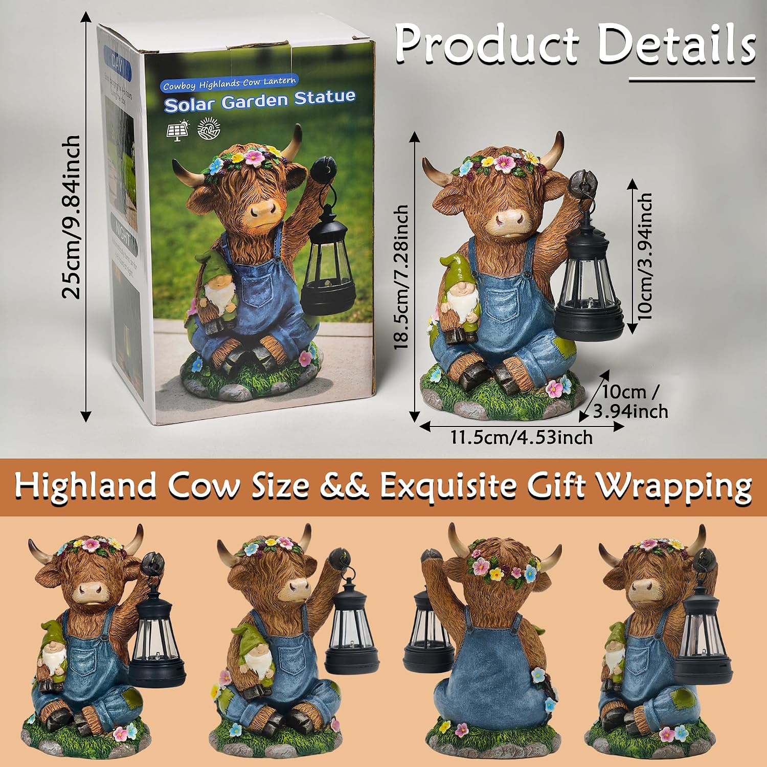 Thumbnail 2 de Highland Cow Garden Ornaments Outdoor – Solar Gnome Statue for Yard, Patio and Lawn