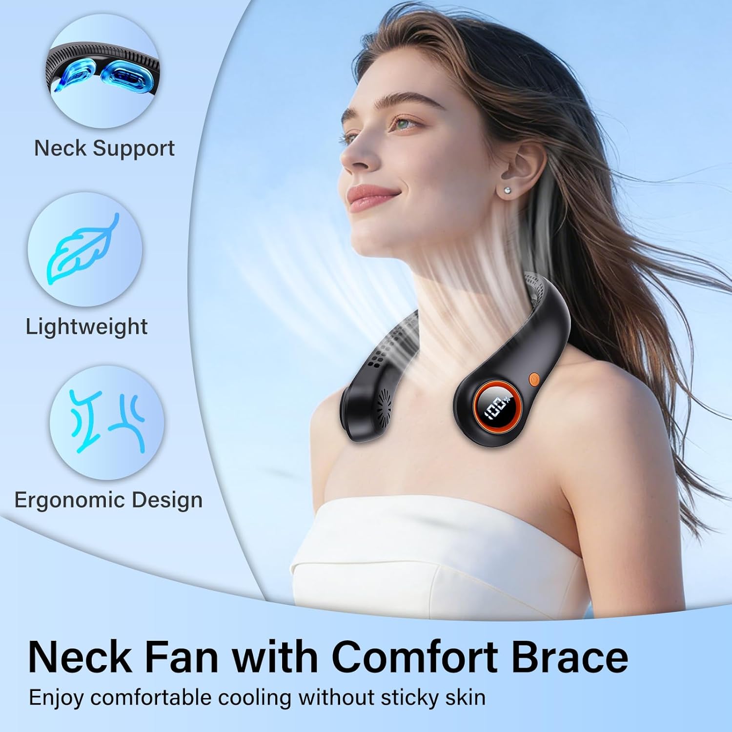Detalle de Taiofan Portable Neck Fan: 5-Speed Bladeless, USB-C Rechargeable Personal Cooler