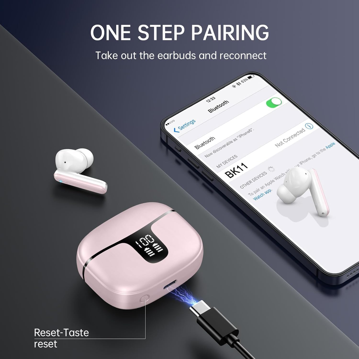 Detalle de Cuffie Bluetooth HiFi In Ear 2026 con ENC, 40H autonomia, display LED e cover USB-C – Rosa