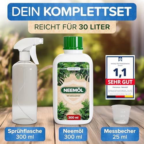 Detalle de Natürliches Neemöl mit Emulgator 300 ml von Patronus – Komplettset mit Sprühflasche und Messbecher