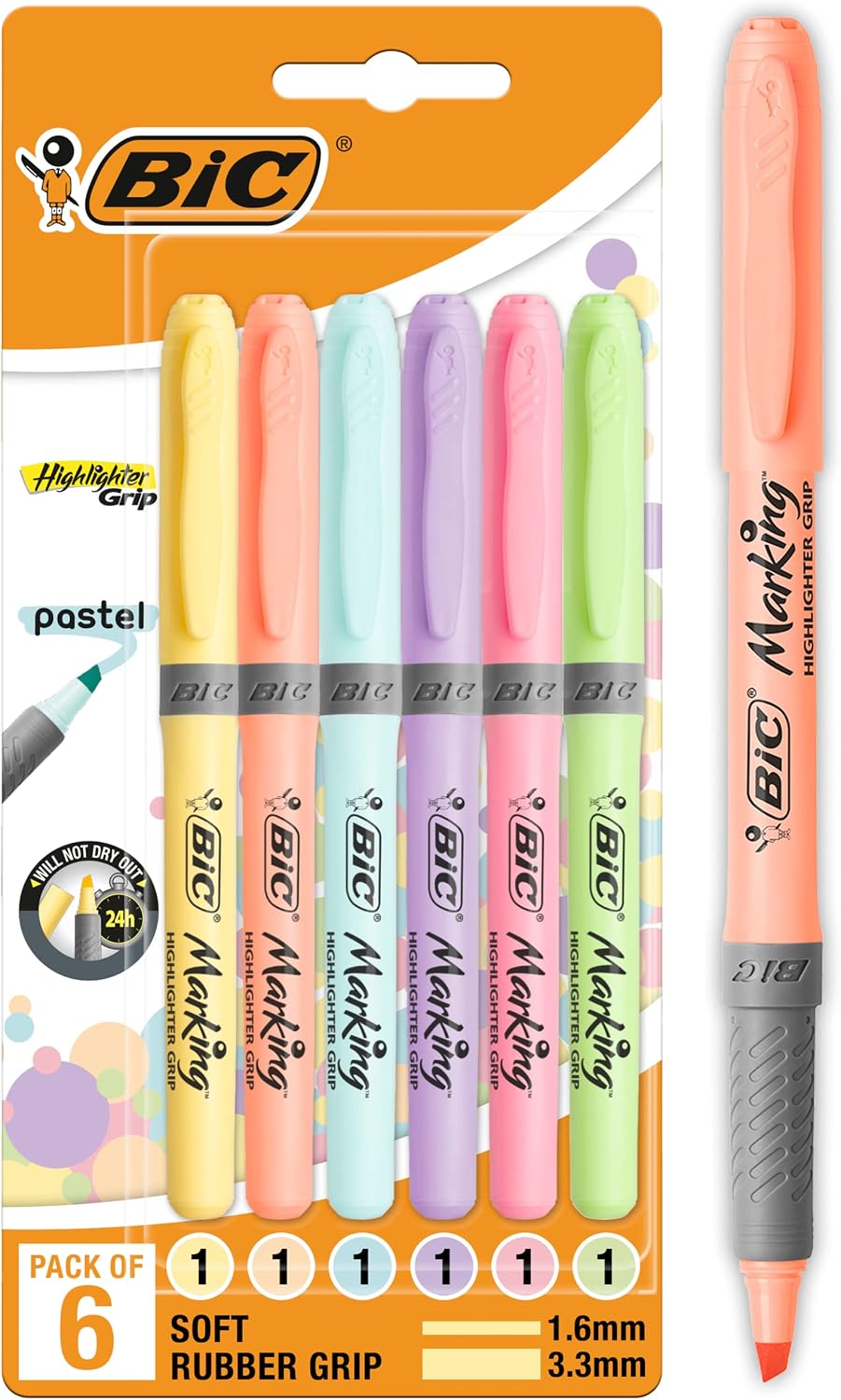 Thumbnail 6 de BIC Highlighter Grip with Ribbed Rubber Grip – 12 Pack (Intense & Pastel Colours)
