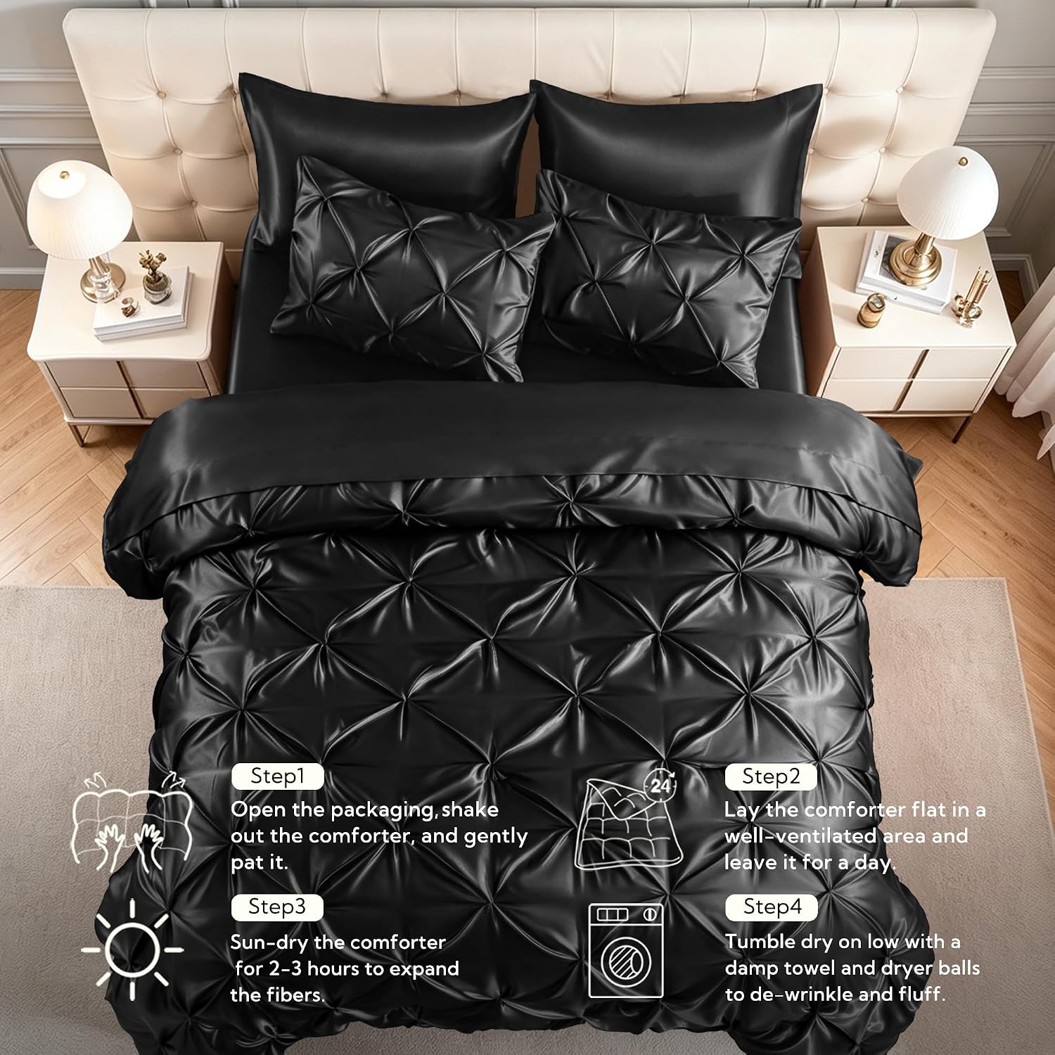 Thumbnail 5 de MR&HM Twin XL Satin Comforter Set, Black, 5-Piece Pintuck Bedding