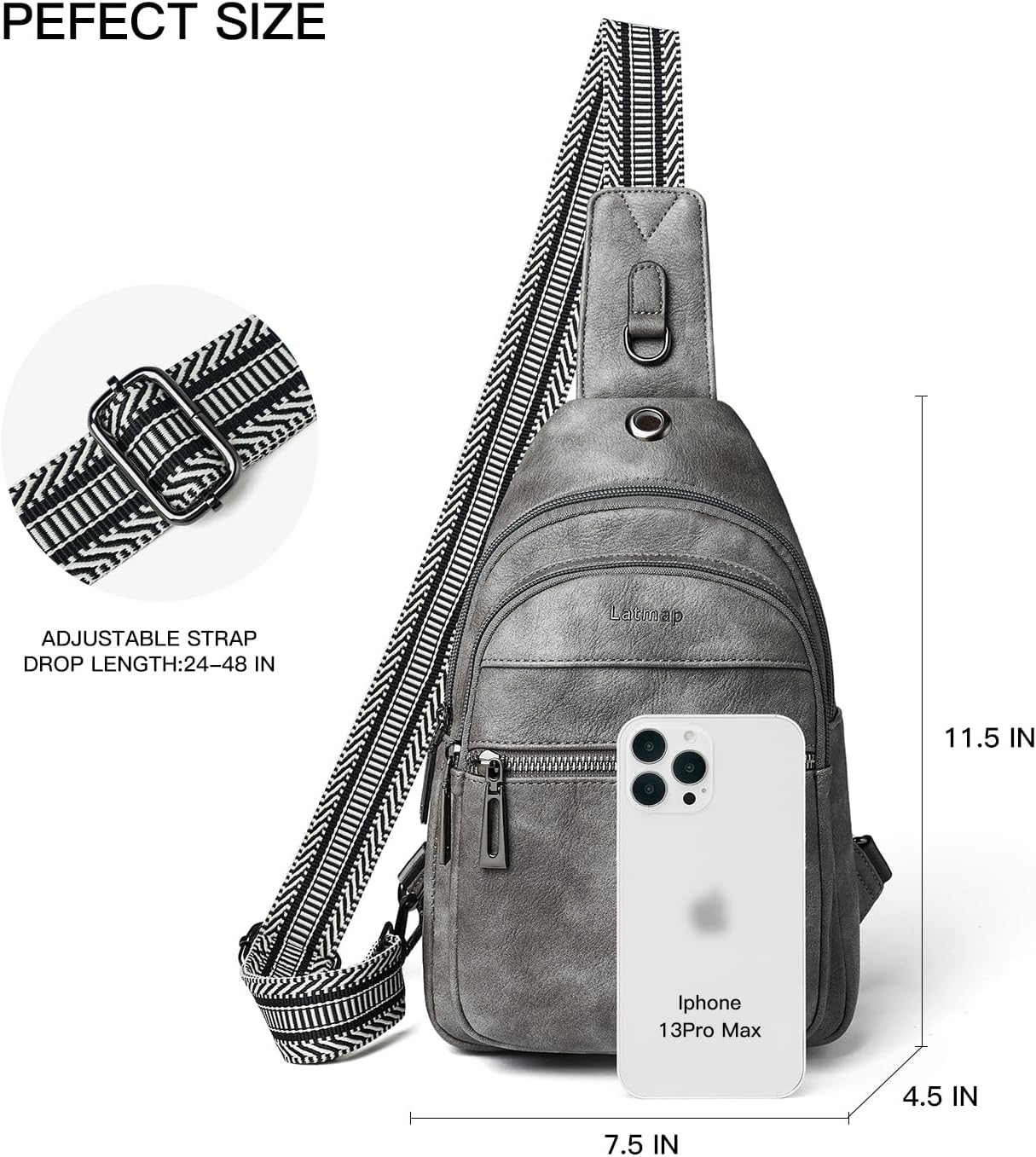 Detalle 2 de LATMAP Sling Bag for Women and Men – Leather Small Crossbody/Chest Bag, Water-Resistant Mini Backpack