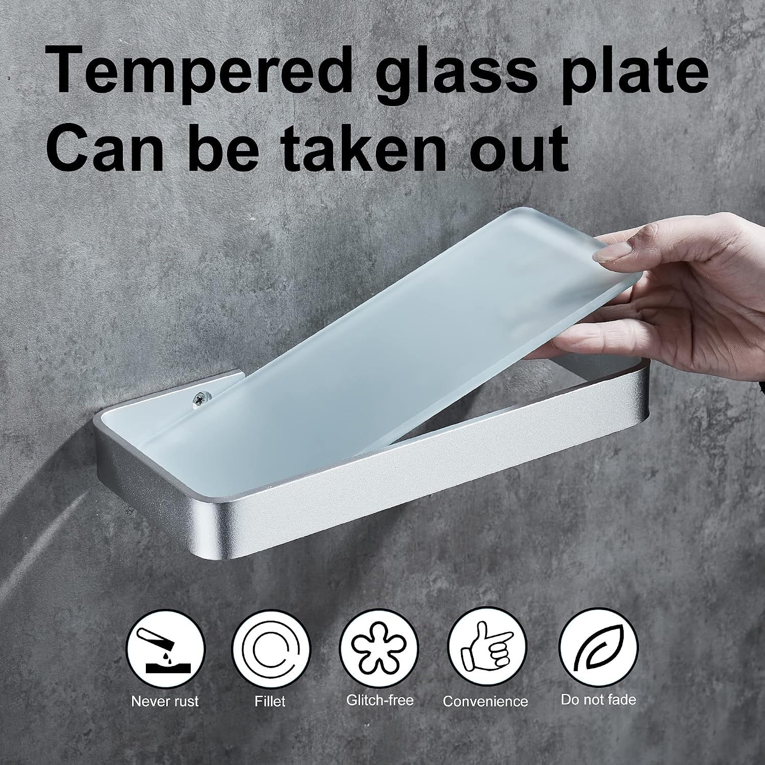 Thumbnail 3 de DUFU mensola bagno adesiva per doccia senza foratura in vetro temperato e alluminio spaziale (25 cm) argento