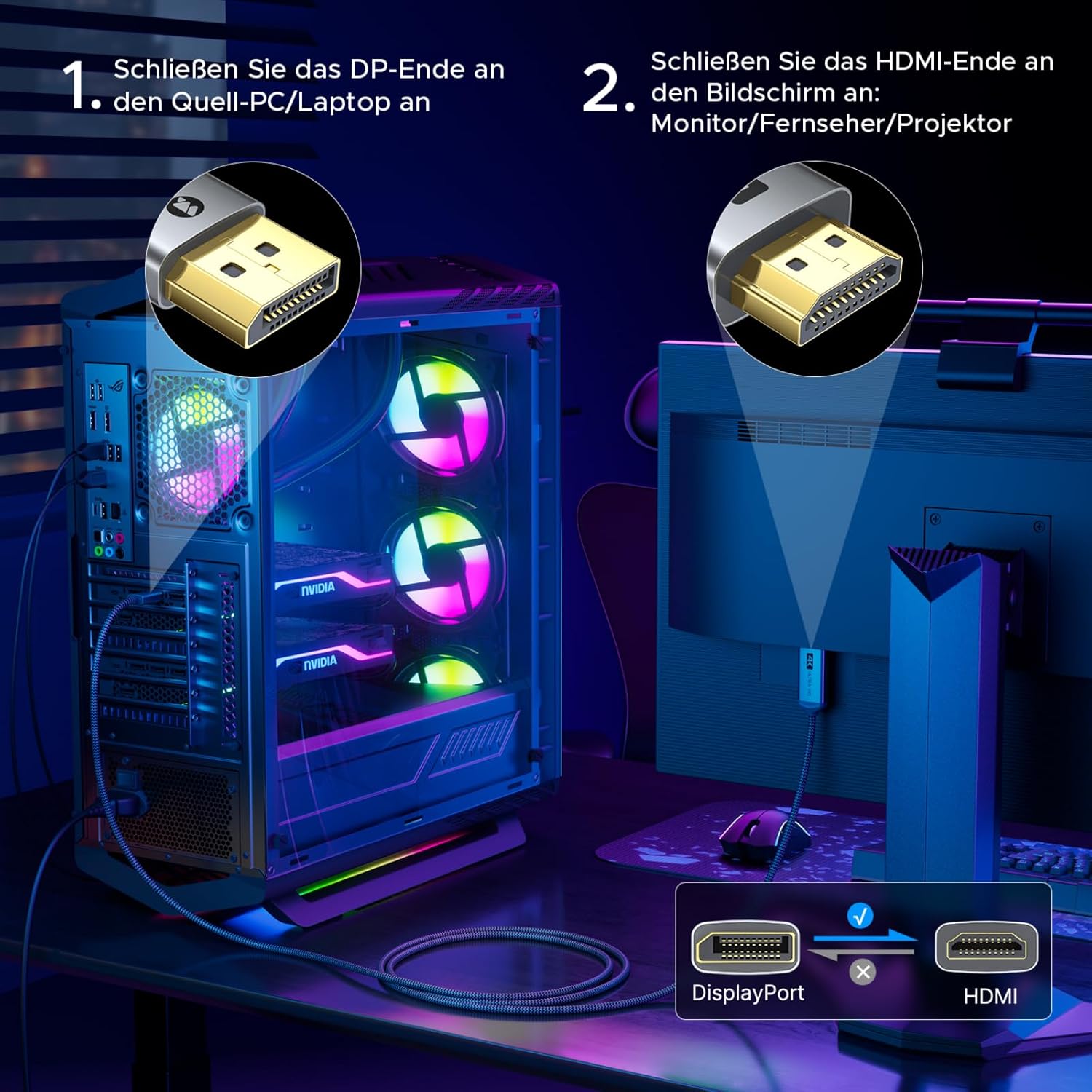 Thumbnail 4 de WARRKY 4K DisplayPort zu HDMI Kabel 1,8m