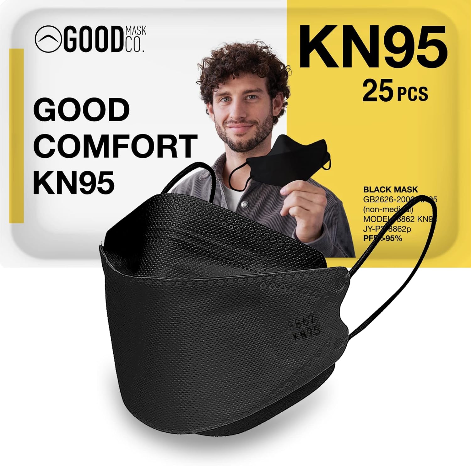 Detalle de Good Mask Co. 195893651320-stickerless KN95 Disposable Masks, Black, 25-Pack