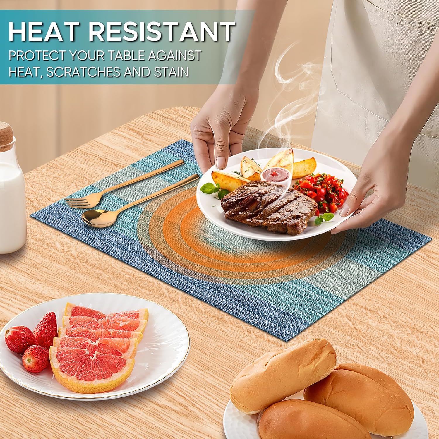 Detalle de ADRIMER Blue-Striped Vinyl Placemats, Set of 8, Wipeable and Heat-Resistant