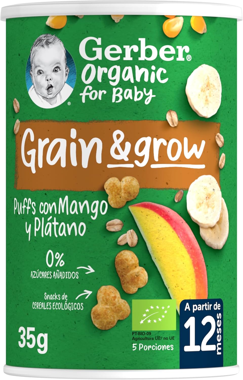 Thumbnail 1 de Gerber Organic Snack Mango, Maíz y Avena, 5 latas de 35 g 🌱