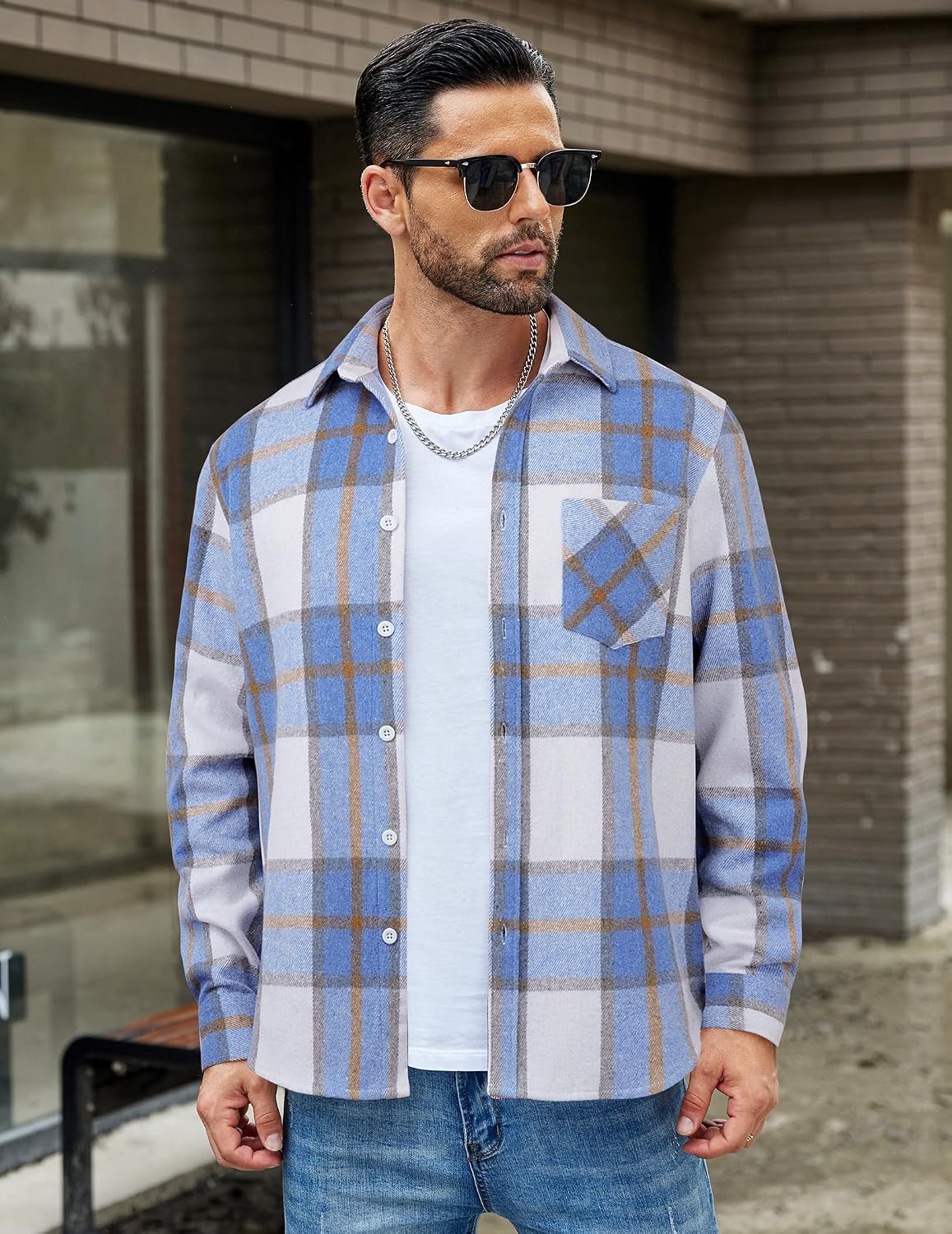 Detalle de COOFANDY Men's Lightweight Plaid Flannel Shirt Jacket, Long Sleeve