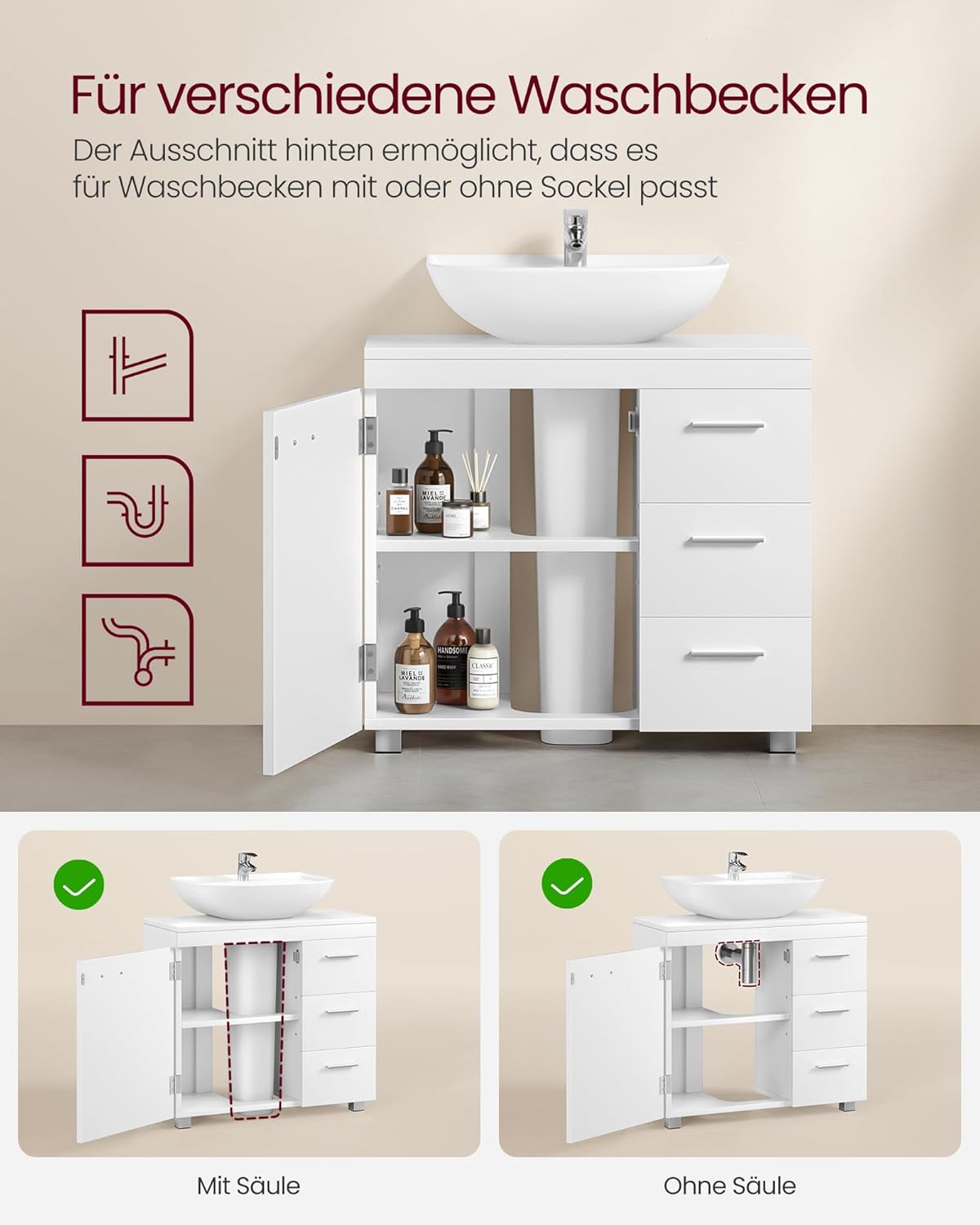 Thumbnail 3 de VASAGLE Waschbeckenunterschrank BBK504W01 mit 3 großen Schubladen, 2 Fächern und Füßen (30 x 70 x 64 cm)