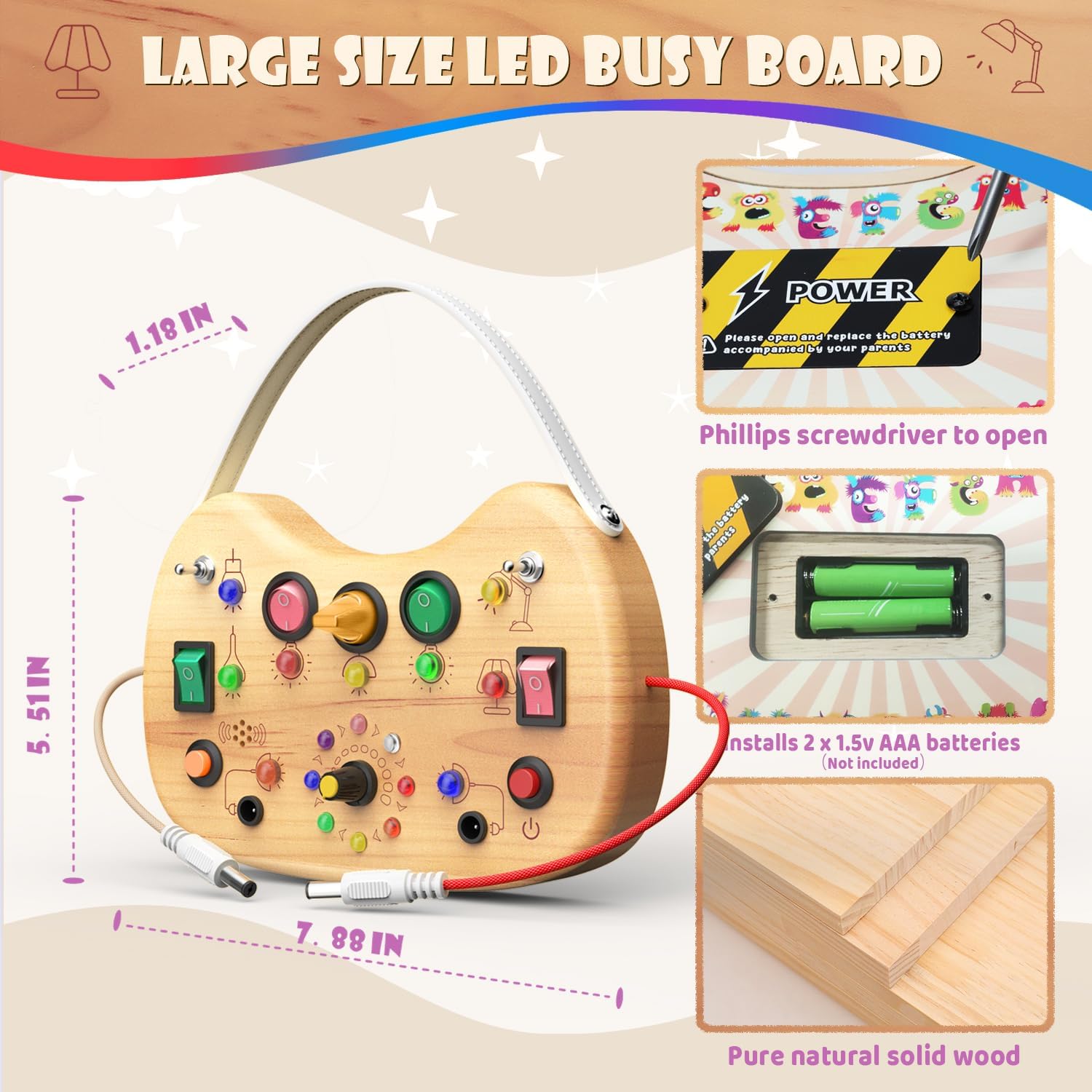Thumbnail 3 de UdoUto Montessori Wooden Busy Board for Toddlers with LED Lights and Switches