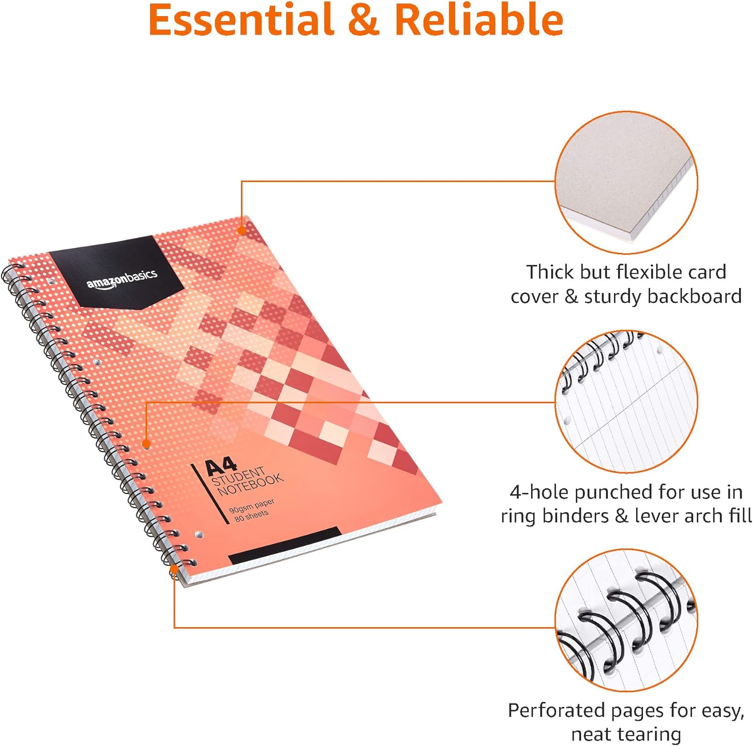 Detalle de Amazon Basics Wirebound Notebook 80 Sheets / 160 Pages, A4, 90GSM, Pack of 5 – White