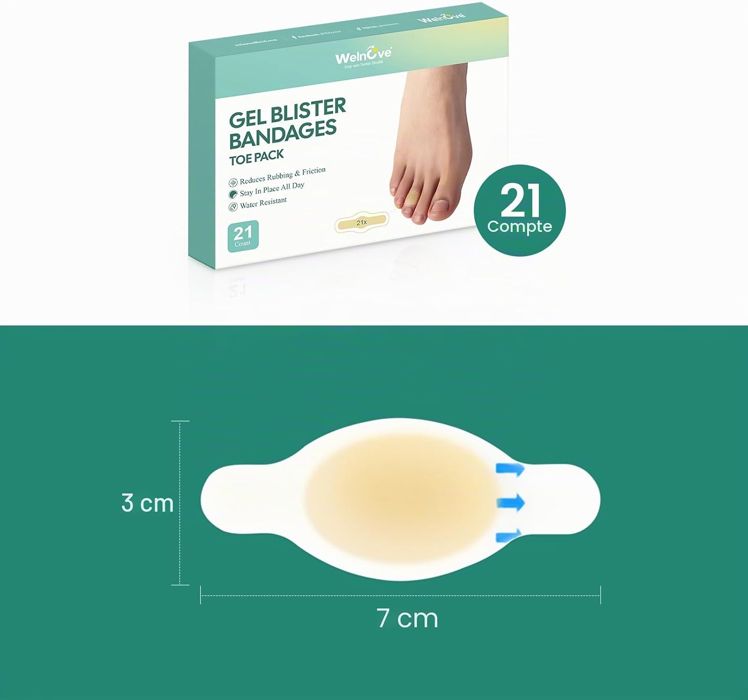 Thumbnail 6 de Welnove 20 pièces – Pansements pour ampoules au gel hydrocolloïde, coussinets invisibles pour talons, orteils et pieds