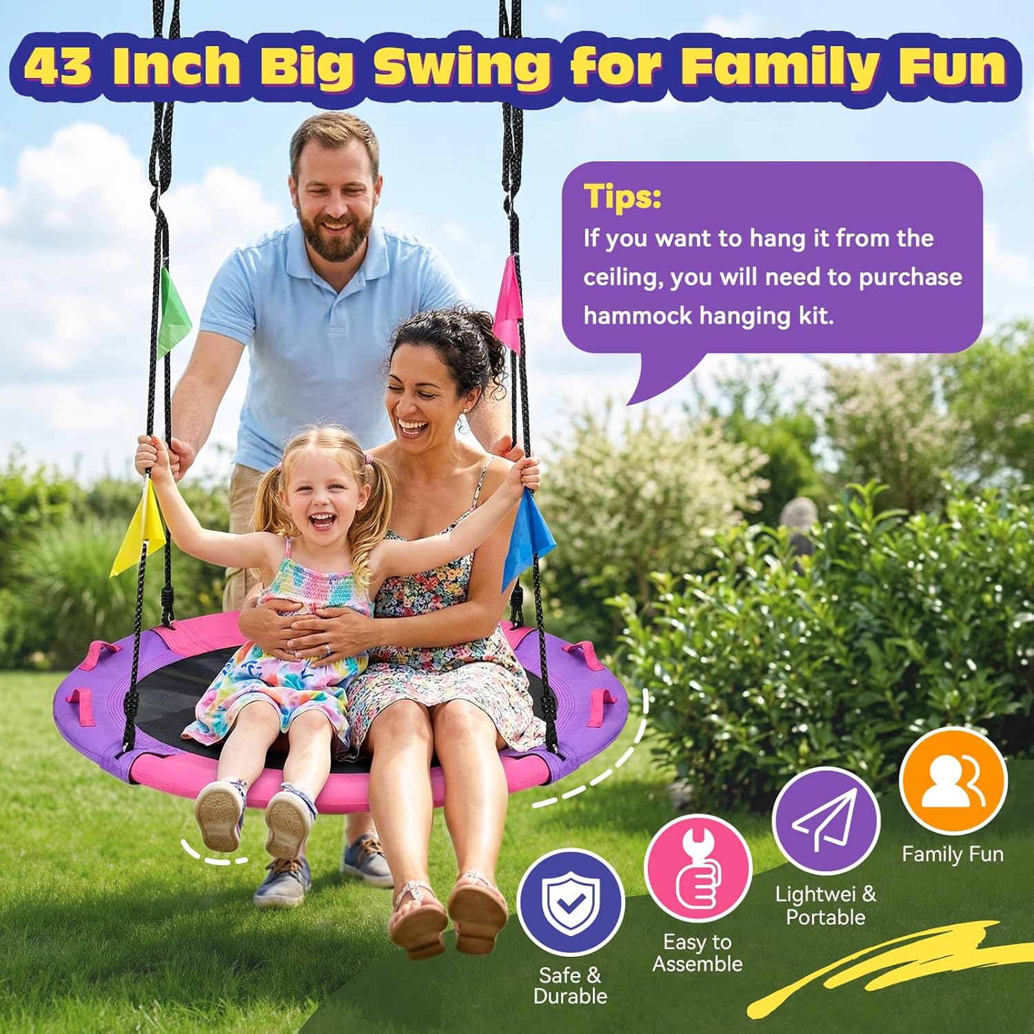 Thumbnail 6 de HeyZoo 43 Inch Tree Swing 900lbs Capacity