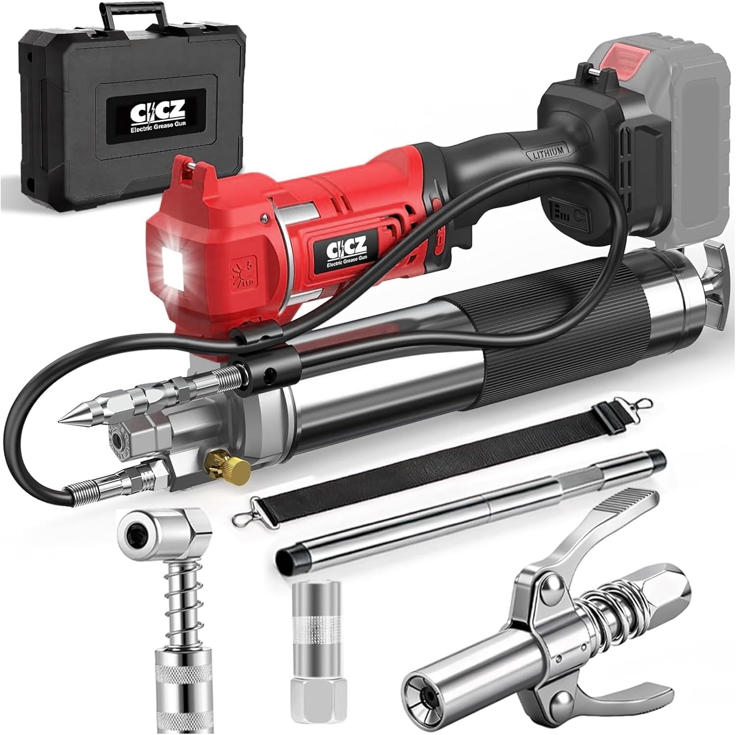 Detalle de CICZ SL-LD-004 Cordless Grease Gun, 12,000 PSI, Variable Speed, 39-Inch Hose