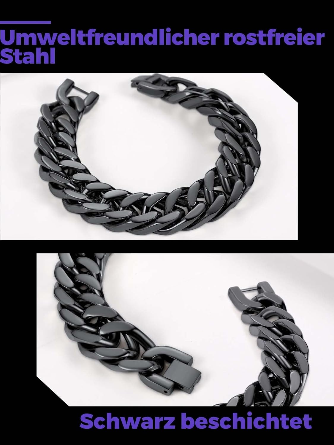 Thumbnail 6 de Richsteel Herren-Cuban-Gliederarmband Armband aus Edelstahl in Silber, Gold & Schwarz – Breite 8/12/17 mm, Länge 19/21/23 cm