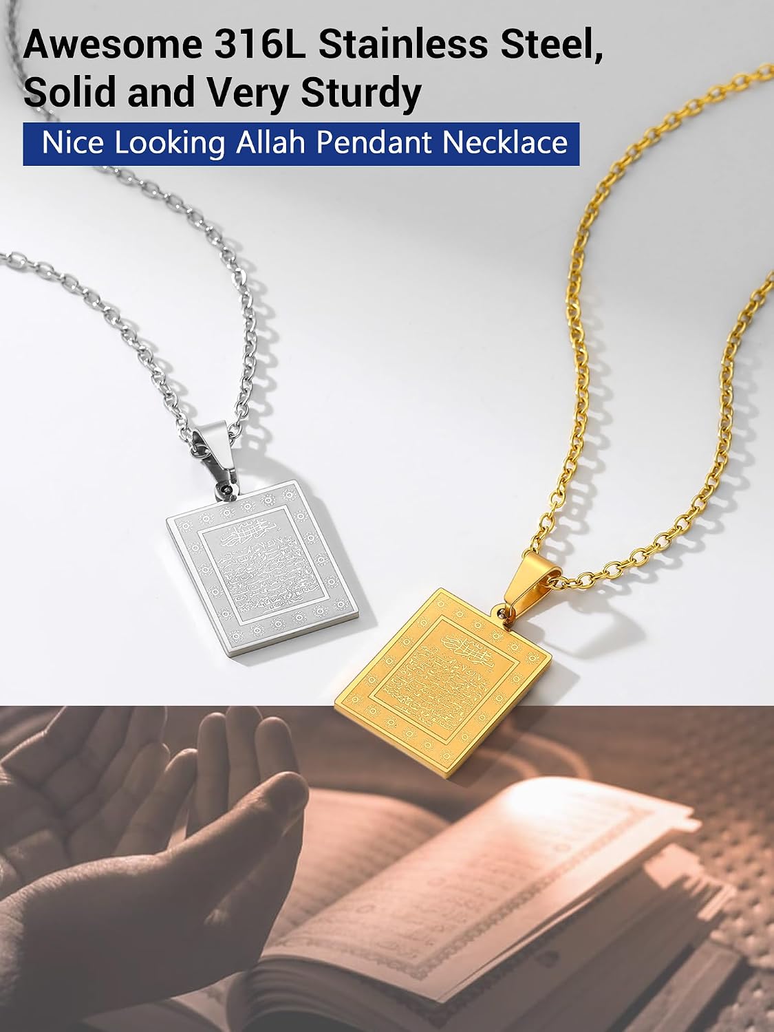 Thumbnail 6 de PROSTEEL Collana Pendente “Muhammad Allah” con Corano, catena regolabile 50–60 cm in acciaio inox/placcato oro 18K