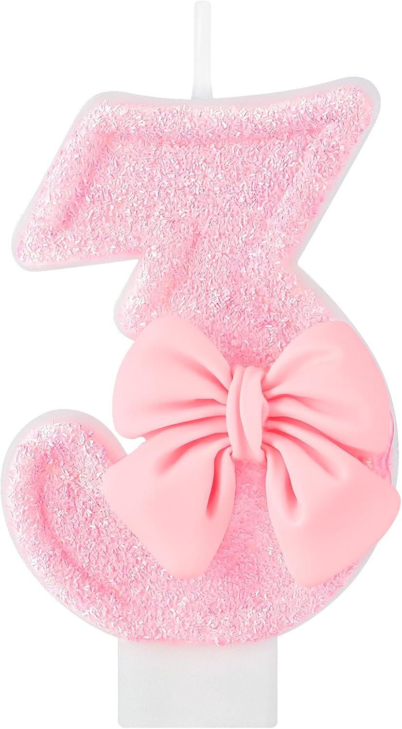 Thumbnail 6 de AYESY verjaardagskaars cijfer 3 met roze strik in 3D-design