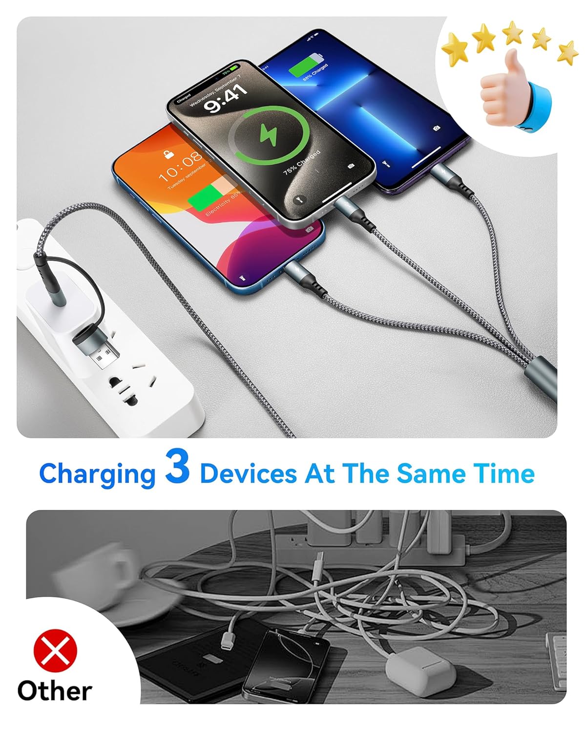 Detalle 2 de UZAHSK 5-in-1-Multiladekabel mit Datenübertragung – 1,2 m USB-A zu USB-C/Lightning/Micro-USB
