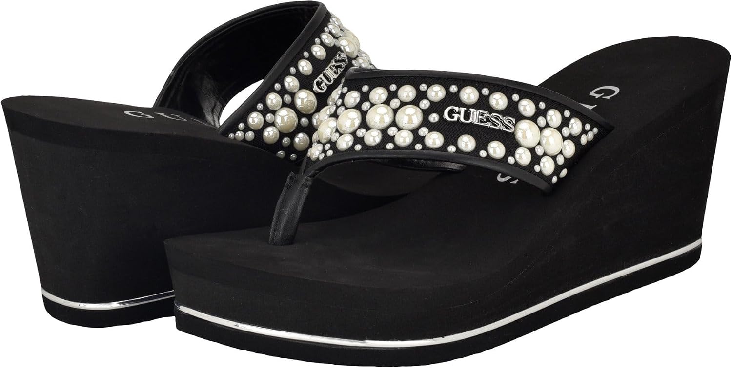 Detalle de GUESS Femme Silus Sandale : élégance perlée et confort sur talon compensé 7,5 cm