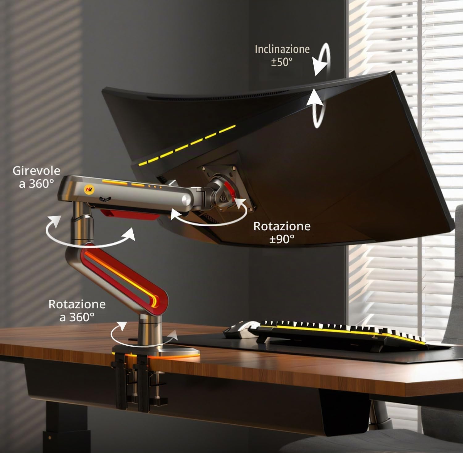 Detalle de NB Ergonomic RGB Supporto per monitor 32–60 pollici, braccio fino a 20 kg, VESA 75/100, rosso