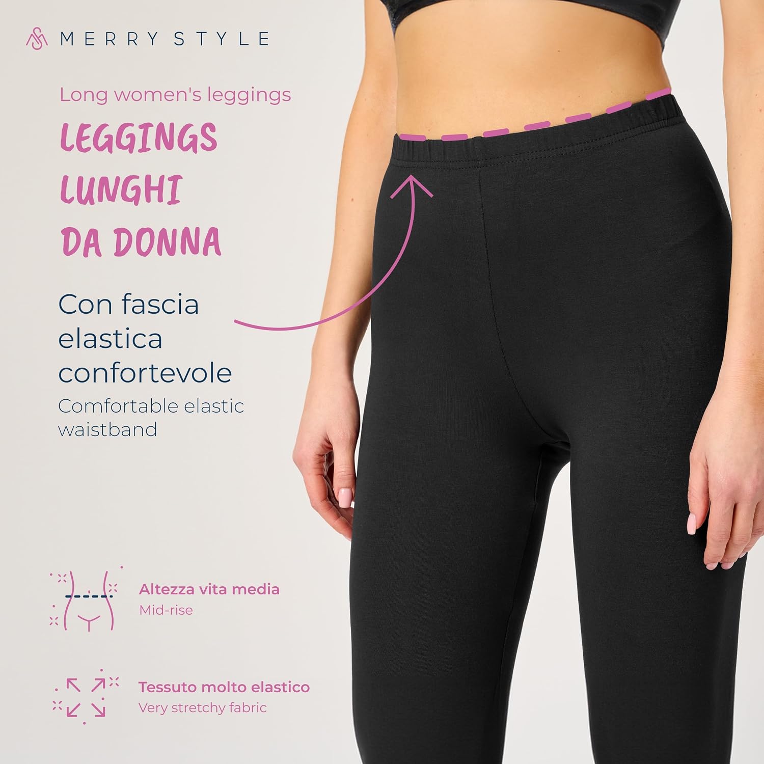 Detalle de Leggings lunghi donna Merry Style in viscosa con elastan, vita elastica (MS10-143) per casa, palestra e tempo libero