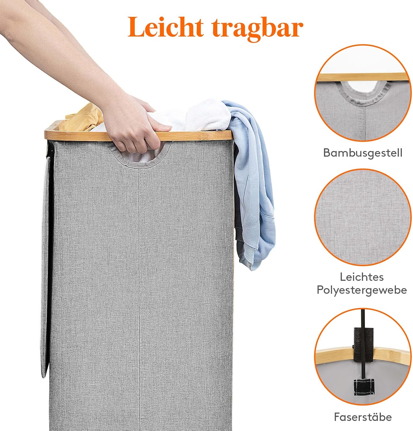 Detalle de Lifewit 100L Wäschekorb mit Deckel – Bambusgriffe, abnehmbarer Wäschesack, faltbar, hellgrau