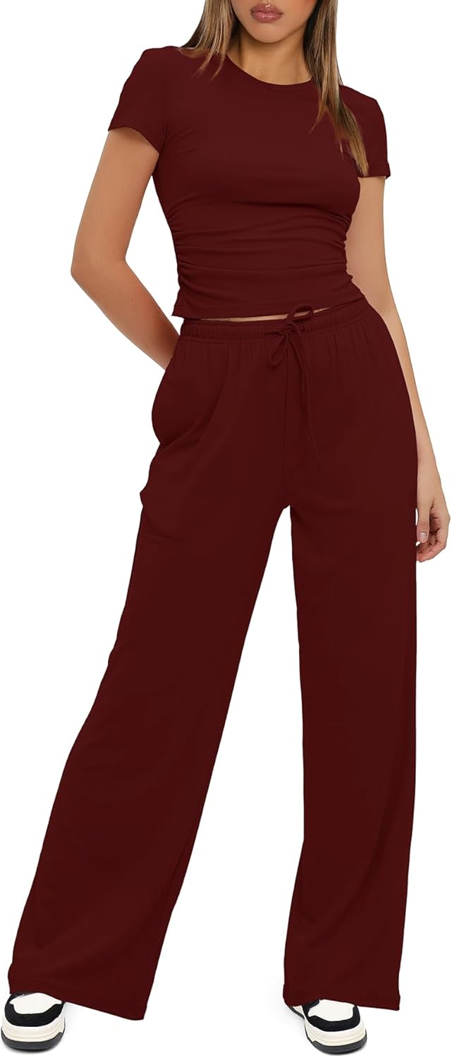 Thumbnail 3 de Darong Women's 2 Piece Summer Outfits Lounge Sets: Side Ruched Crop Top & Wide Leg Pants