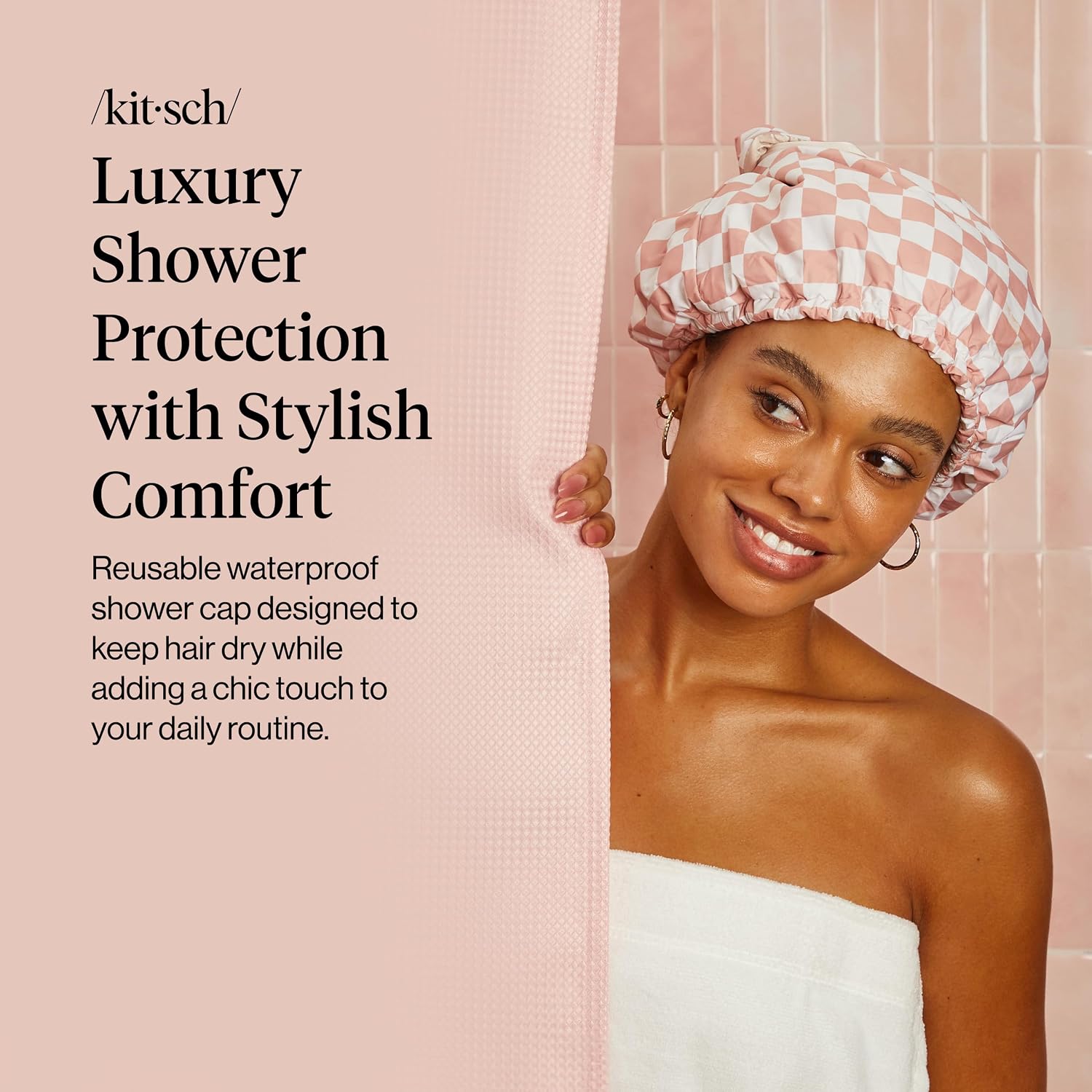 Detalle 2 de Kitsch 61418 Satin-Lined Flexi Shower Cap, Terracotta Checker