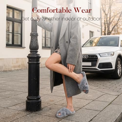 Thumbnail 4 de Ankis Women's Cross Band Furry Open Toe Slippers with Memory Foam – Cozy Plush Indoor/Outdoor Shoes