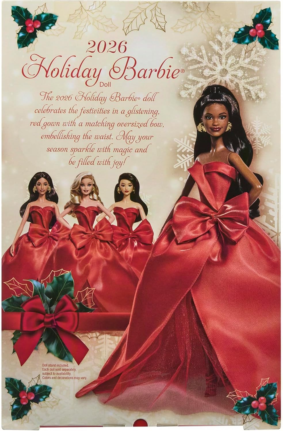 Detalle 2 de Barbie Signature JJX71 – świąteczna lalka 2026 w czerwonej sukni z kokardą