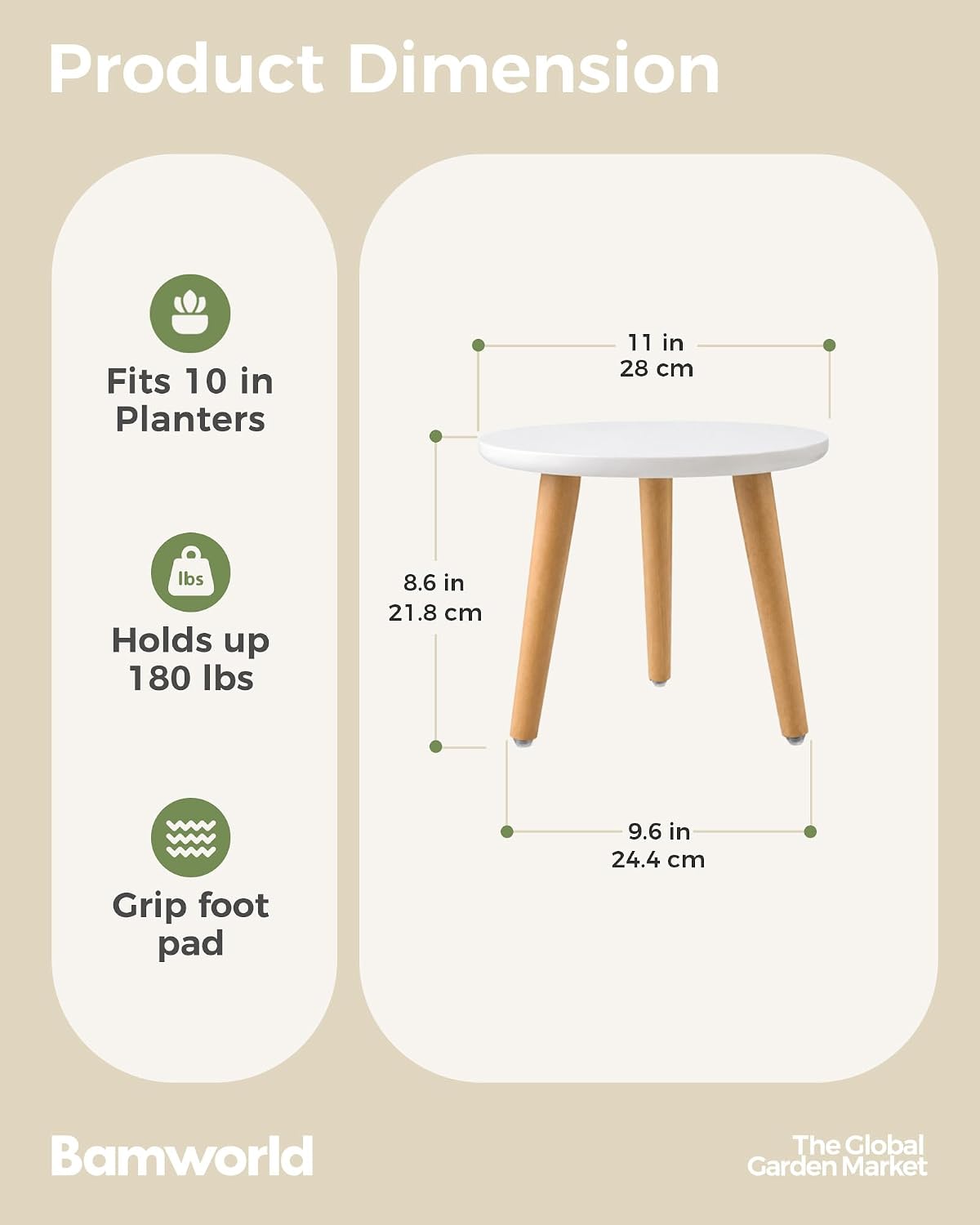 Detalle 2 de Bamworld Supporto per piante alto da interno in legno rotondo, 28 cm di diametro, tre gambe, portavasi fino a 45 kg – bianco