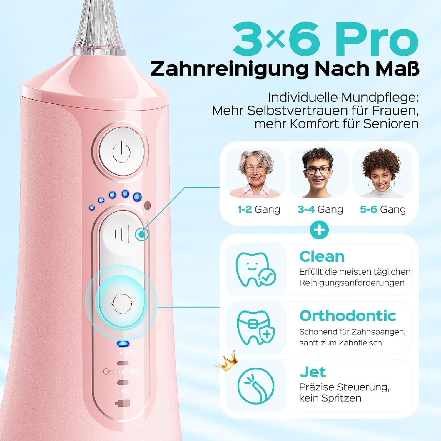 Detalle de COSLUS C51 Munddusche – Kabellos, 3 Modi, 6 Druckstufen, 300 ml