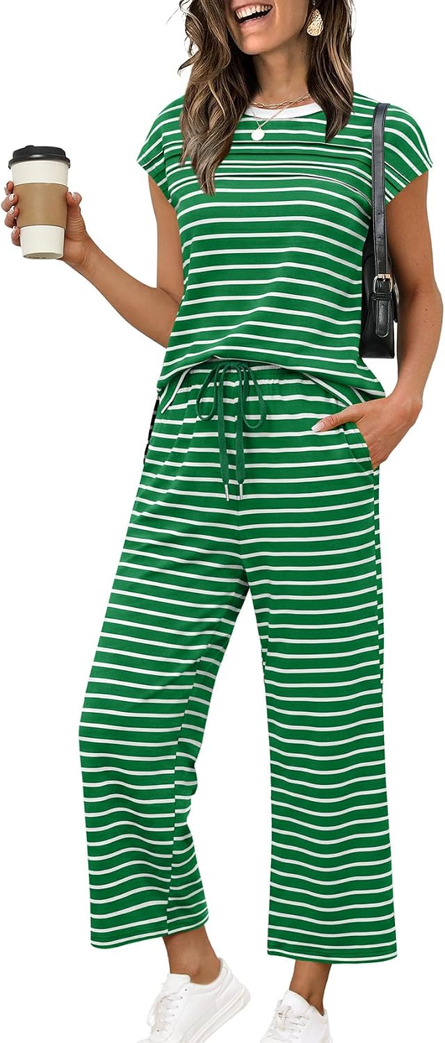 Thumbnail 6 de WIHOLL Two-Piece Cap Sleeve Lounge Set with Wide-Leg Crop Pants (S–3XL) for Summer Travel Outfits