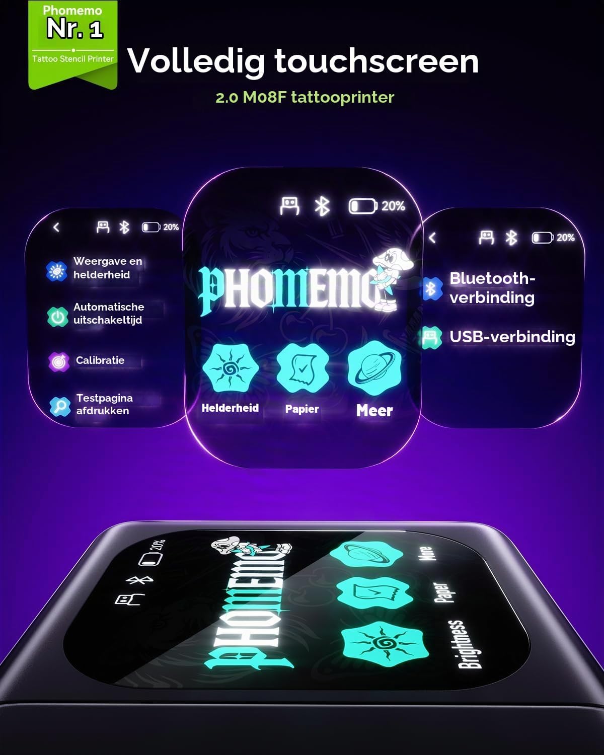 Detalle de Phomemo M08F Plus AI-tattoo-stencilprinter met touchscreen en 20 transferbladen
