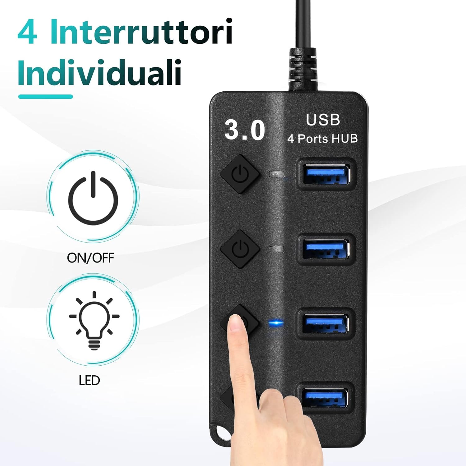 Thumbnail 1 de Hoppac USB Hub 4 in1: Hub USB con interruttore separato e LED, 1 porta USB 3.0 + 3 USB 2.0