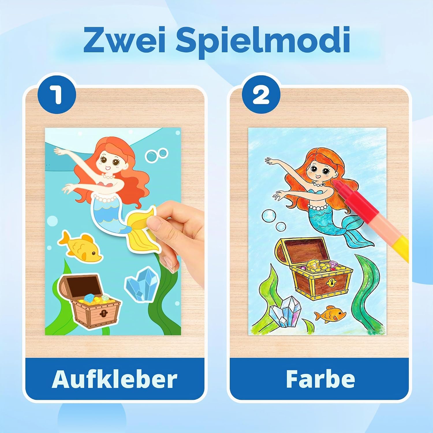 Detalle de YPLUS Mermaid Stickerbuch – Kreatives Stickerbuch mit Meerjungfrauen, Malvorlagen und Wachsmalstiften