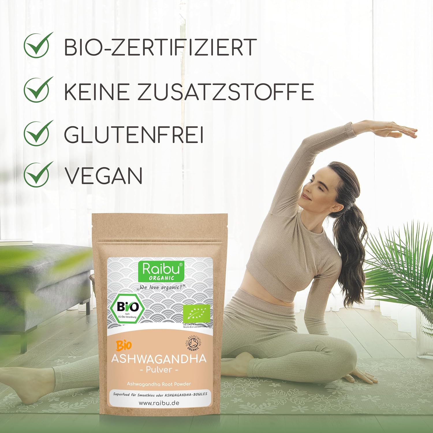 Detalle de Raibu Bio Ashwagandha Pulver 250 g – 100% Wurzel, Bio & aus Deutschland