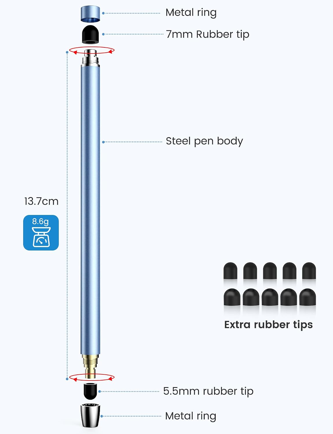 Detalle 2 de MEKO 2-in-1 Stylus Pens for Touch Screens (Universal Capacitive Tablet Pen) – 5 Styluses + 10 Replacement Tips