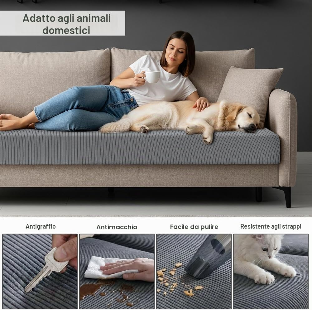 Detalle de Vicloon Copriseduta Divano Elasticizzato — Copri Cuscini Grigio per Salvadivano con Elastico, Antigraffio e Pet‑Friendly