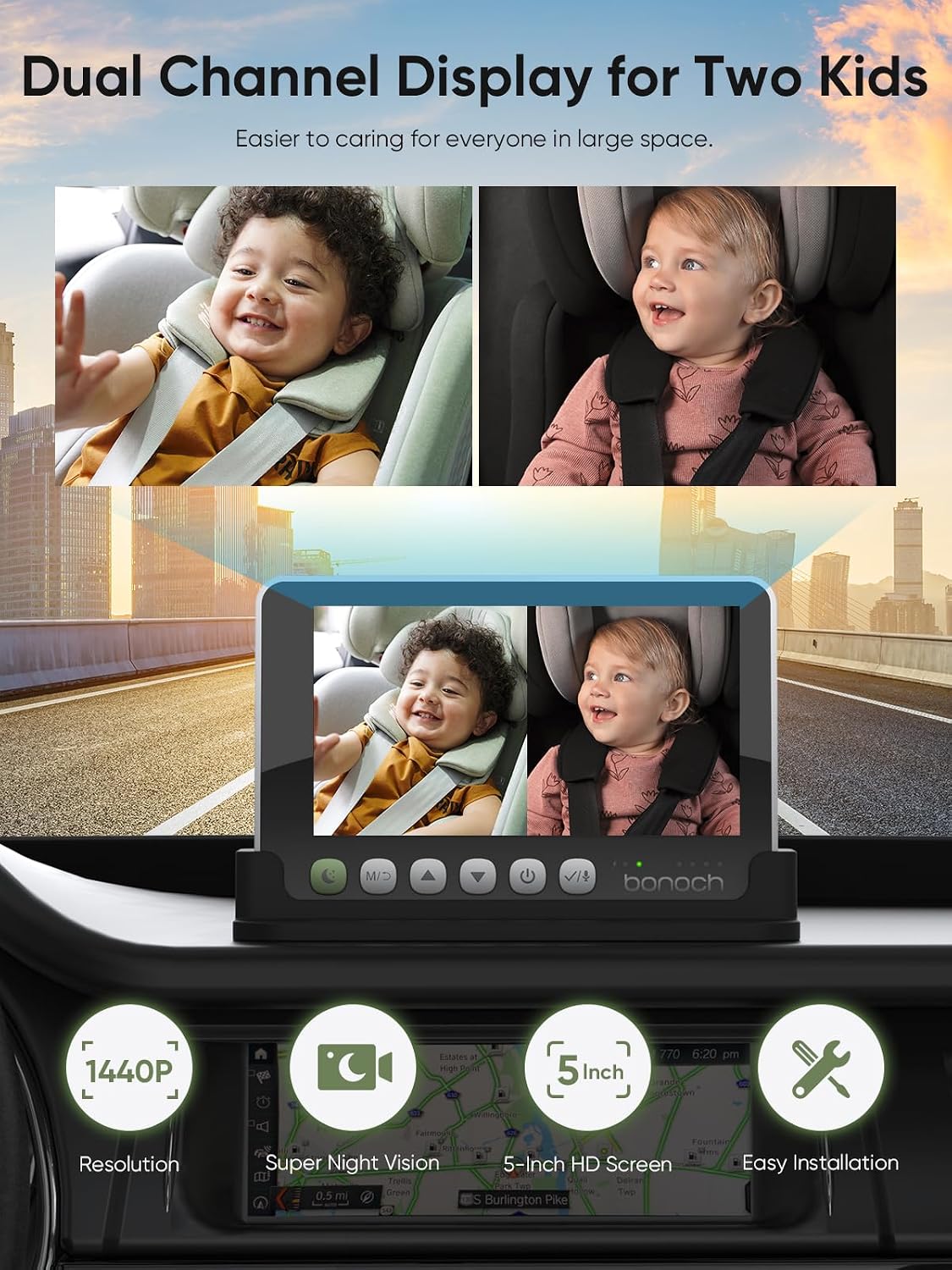 Detalle de bonoch BCM01 5-Inch Baby Car Camera for Two Kids, 1440p Split-Screen