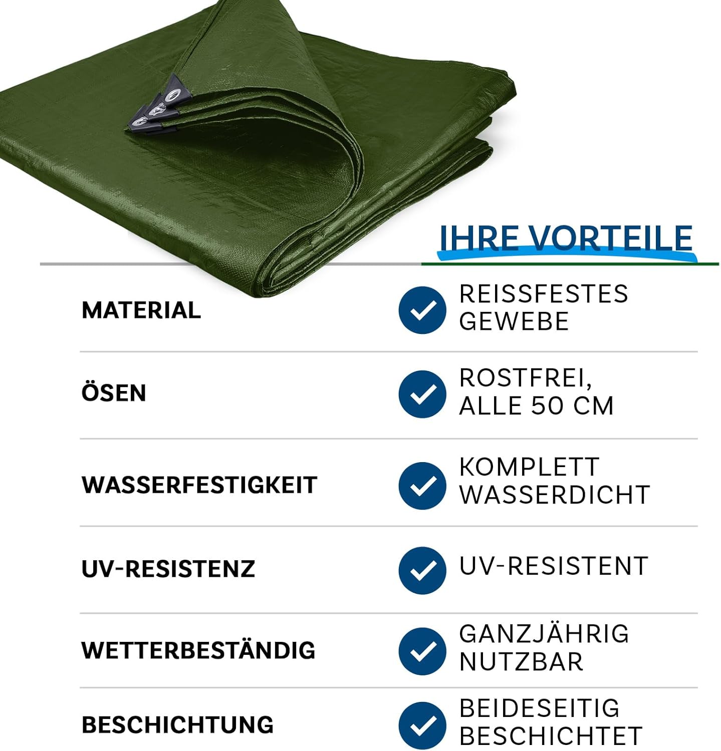 Detalle de etm Abdeckplane wasserdicht 240 g/m², 3x5 m, grün – UV-stabil mit Metallösen