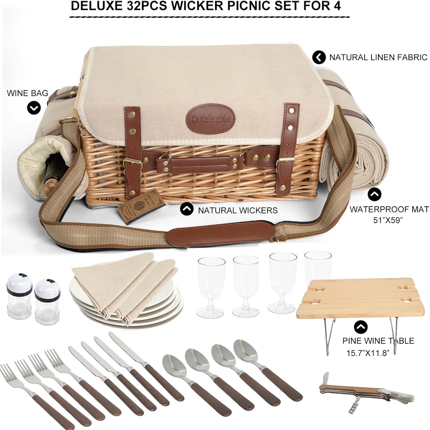 Detalle 1 de SatisInside Versatile picnic set for 4- natural 4人用柳編みピクニックバスケット、断熱仕様・テーブル付き