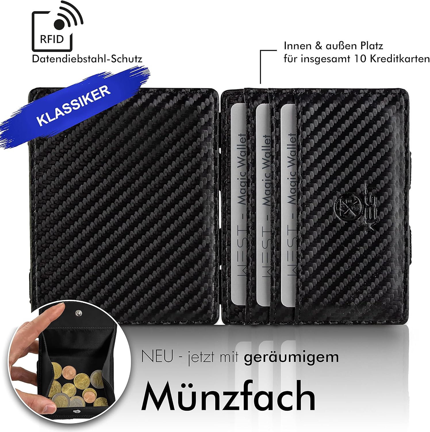 Detalle de WEST - Magic Wallet (Klassiker) mit großem Münzfach – RFID-Schutz, Geschenkbox