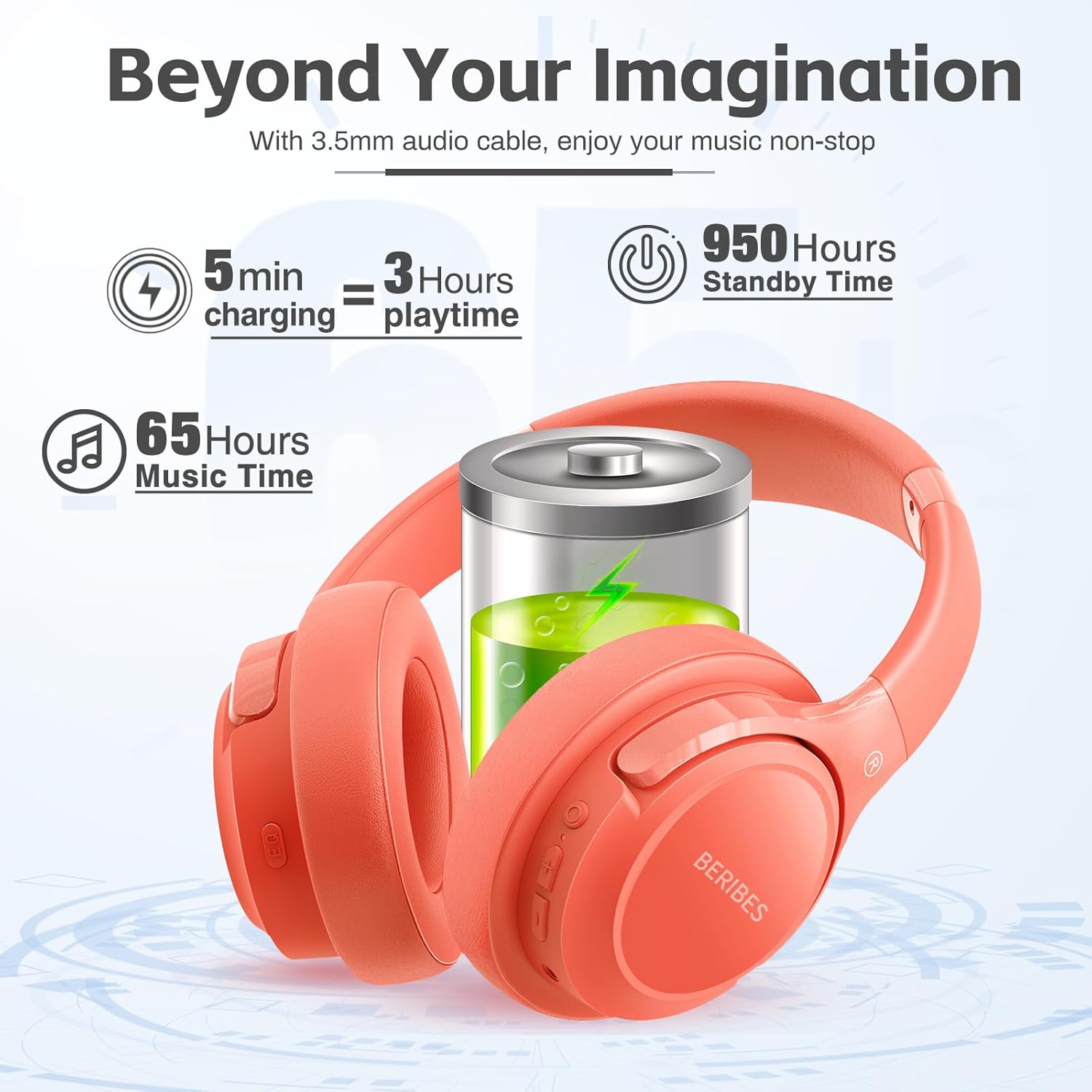 Thumbnail 4 de BERIBES Bluetooth Over-Ear Kopfhörer – 65 Stunden Laufzeit, 6 EQ-Modi, BT 5.3, Mikrofon, Kabellos, Orange-Rot